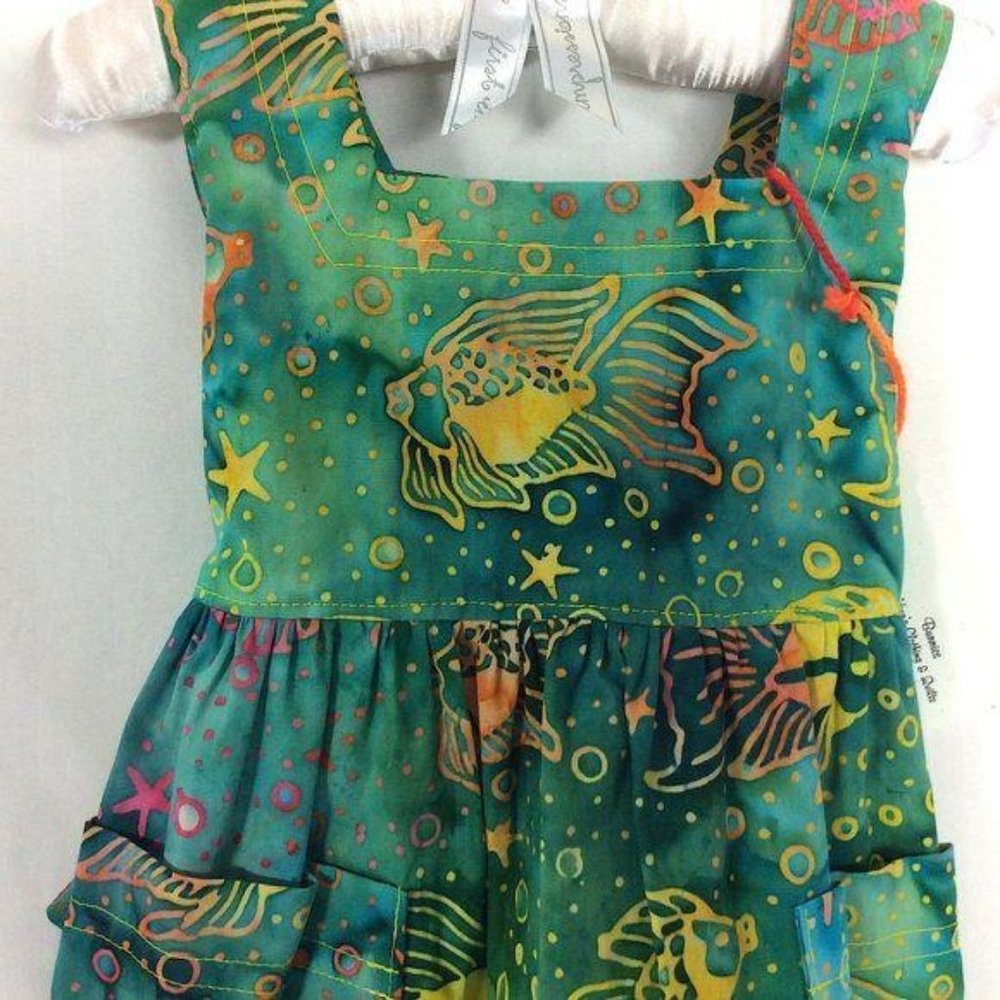 4/$25 Handmade Girl Apron Ocean Life Dress Cottage Core Fish Waist Tie Pocket - Picture 3 of 6